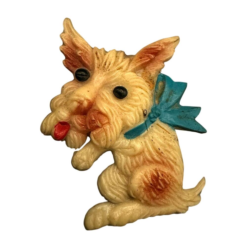 Vintage Celluloid Plastic Dog with Bow Brooch Wheaten Cairn Terrier